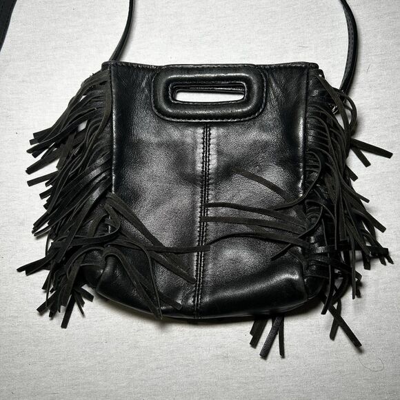 Maje black mini leather M bag with fringed trims and a detachable strap - Picture 2 of 8